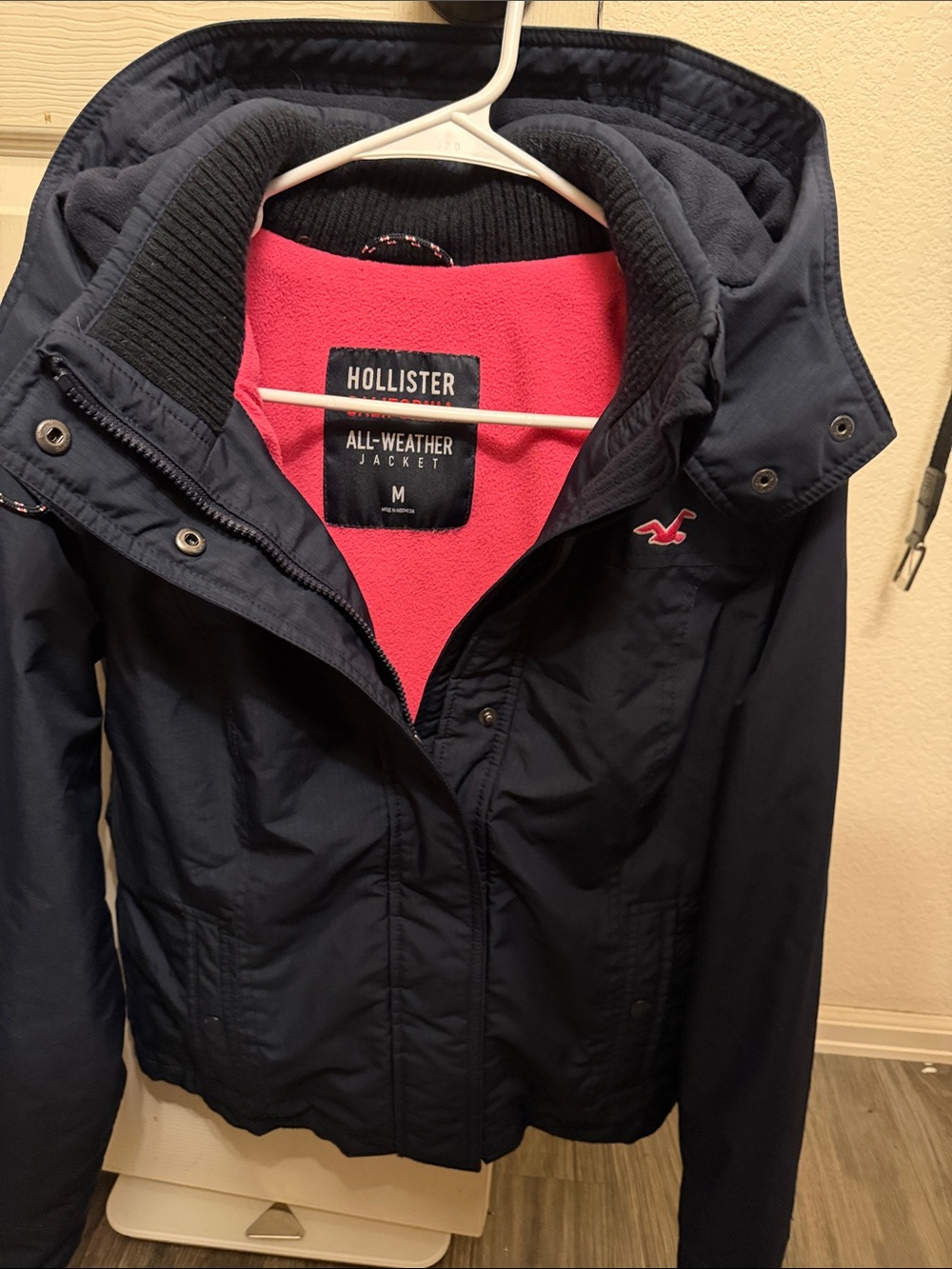 Hollister Navy Jacket with Bright Pink Fleece Lining